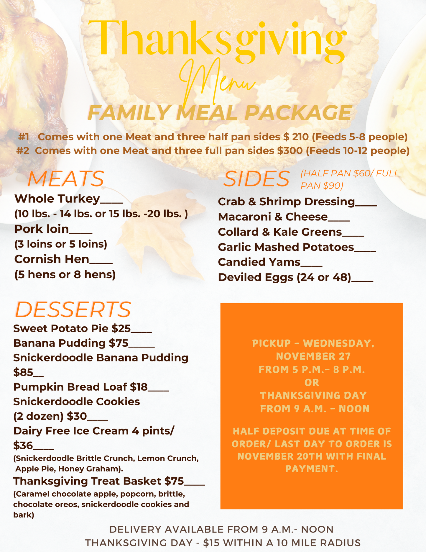 Thanksgiving Menu Family Meal Package OPTION 2